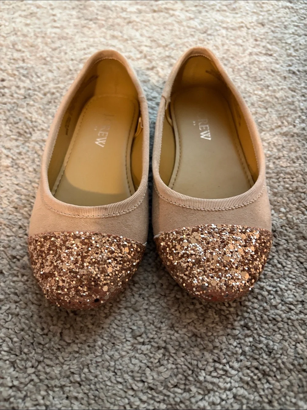 J. Crew Nude Ballet Flats with Rose-Gold Glitter Toe